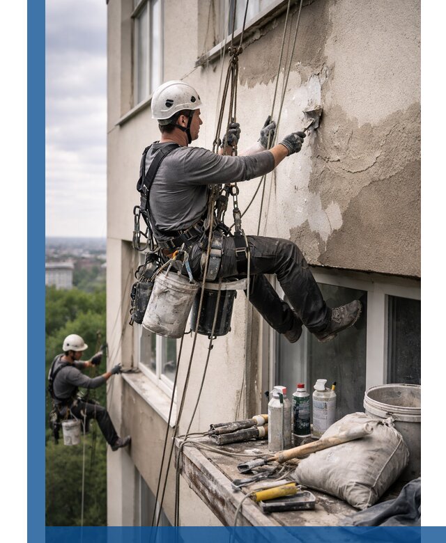 Косметический ремонт фасада зданий в Кирове промышленными альпинистами