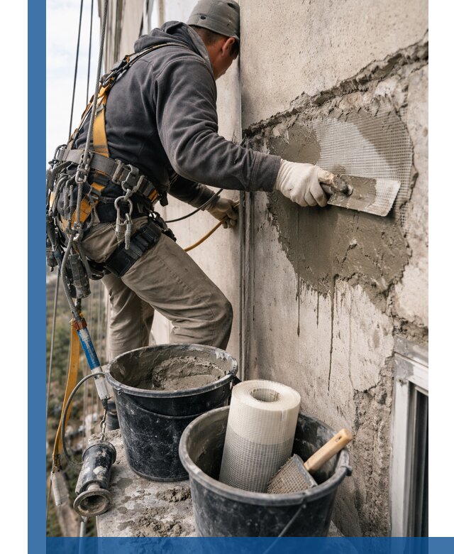 Ремонт бетонных элементов фасада промышленными альпинистами в Кирове