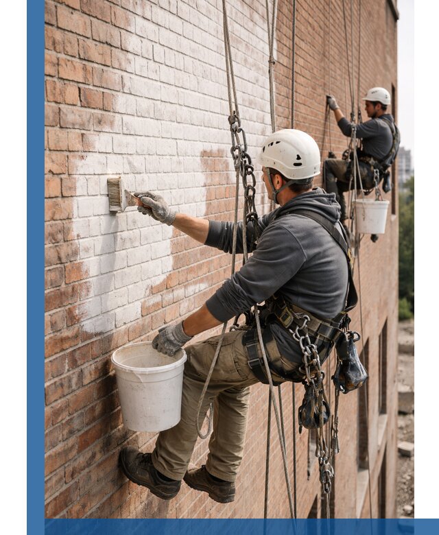 Покраска кирпичного фасада с доступным альпинистским сервисом в Кирове