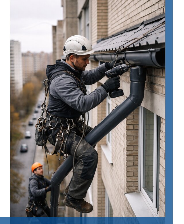 Монтаж водосточной системы на здании в Кирове от 5181 р. | ВЫСОТНИК-Кри