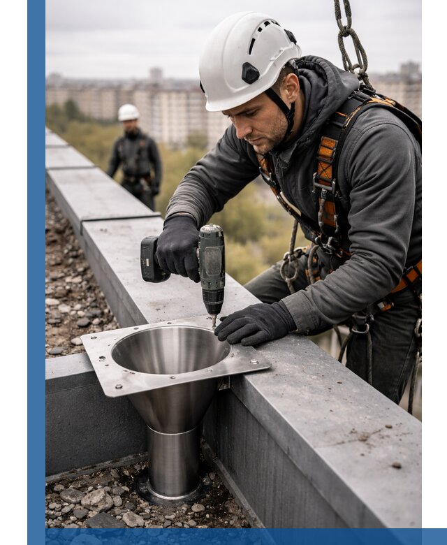 Монтаж водосточных воронок в Кирове для промышленных зданий