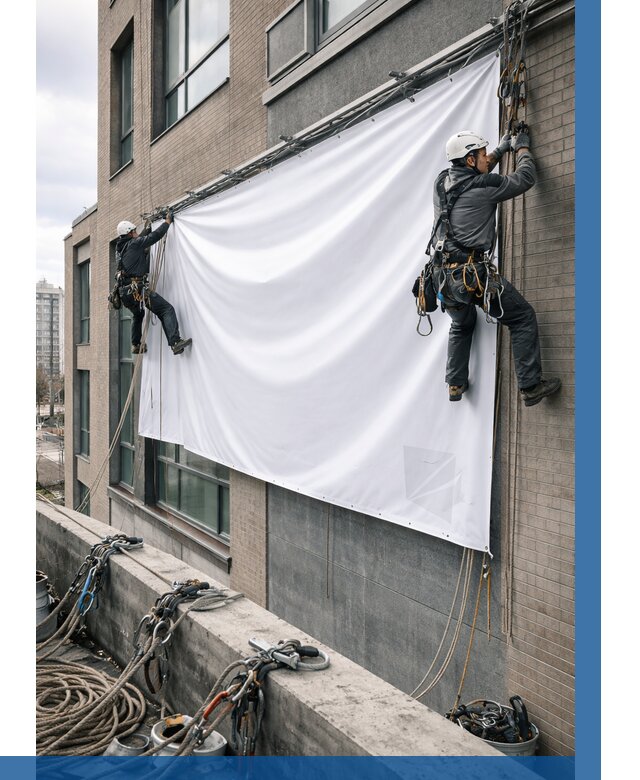 Монтаж баннеров на фасаде в Кирове от 674 р. заказать ВЫСОТНИК-Кри