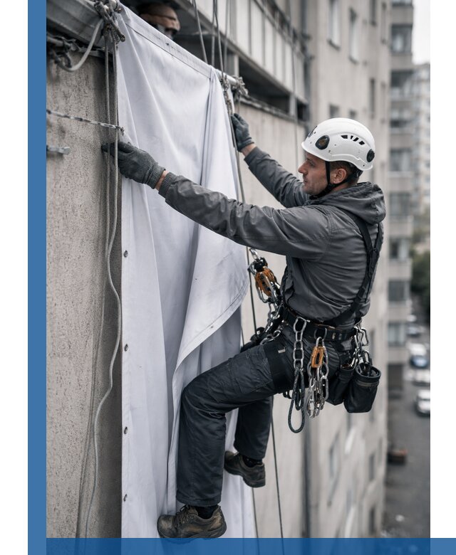 Замена баннерного полотна промышленными альпинистами в Кирове