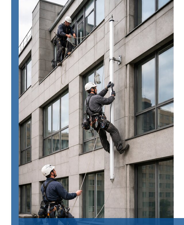 Монтаж флагштока на фасаде здания с креплением и герметикой в Кирове