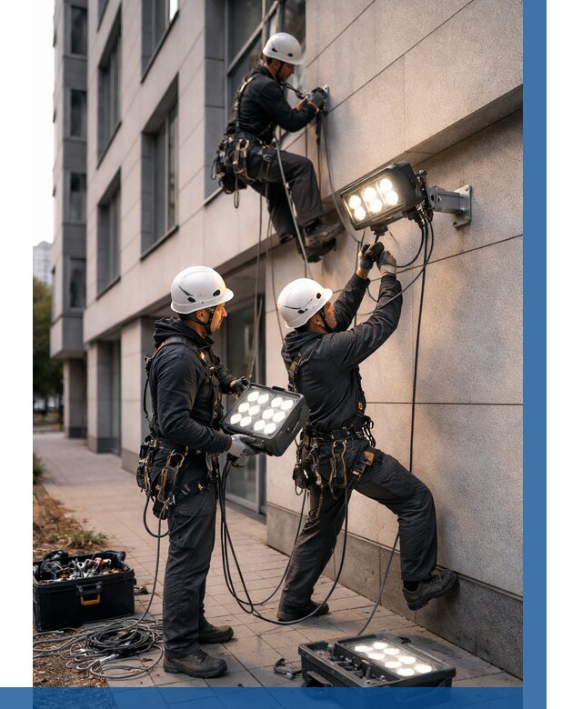 Монтаж прожекторов на фасаде в Кирове от 7772 р. | ВЫСОТНИК-Кри