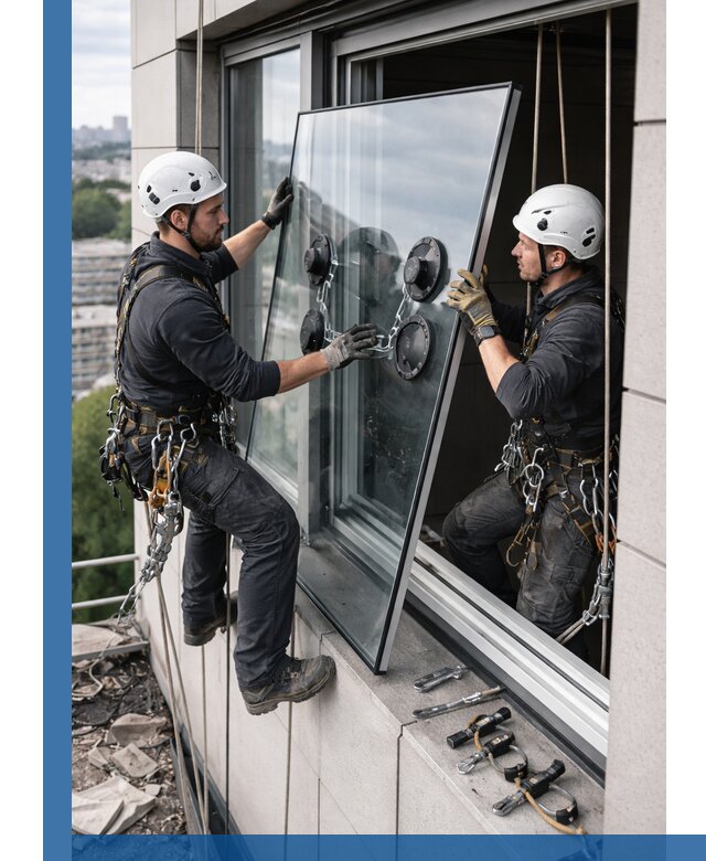 Замена стеклопакетов на высоте с промышленными альпинистами в Кирове