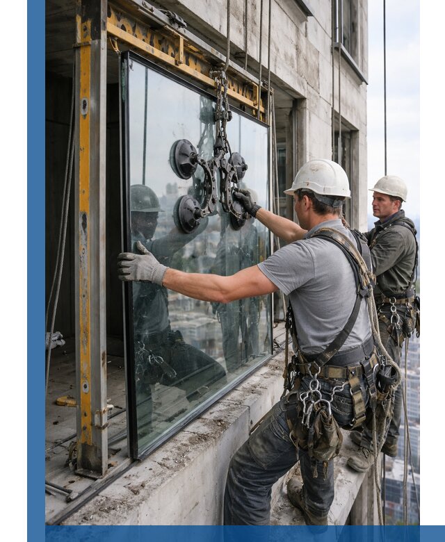 Монтаж стеклопакетов на высоте в Кирове с промышленным альпинизмом