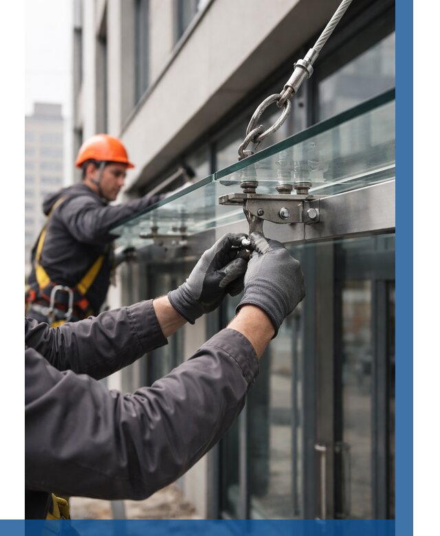 Монтаж стеклянных козырьков в Кирове от 8808 р. | ВЫСОТНИК-Кри