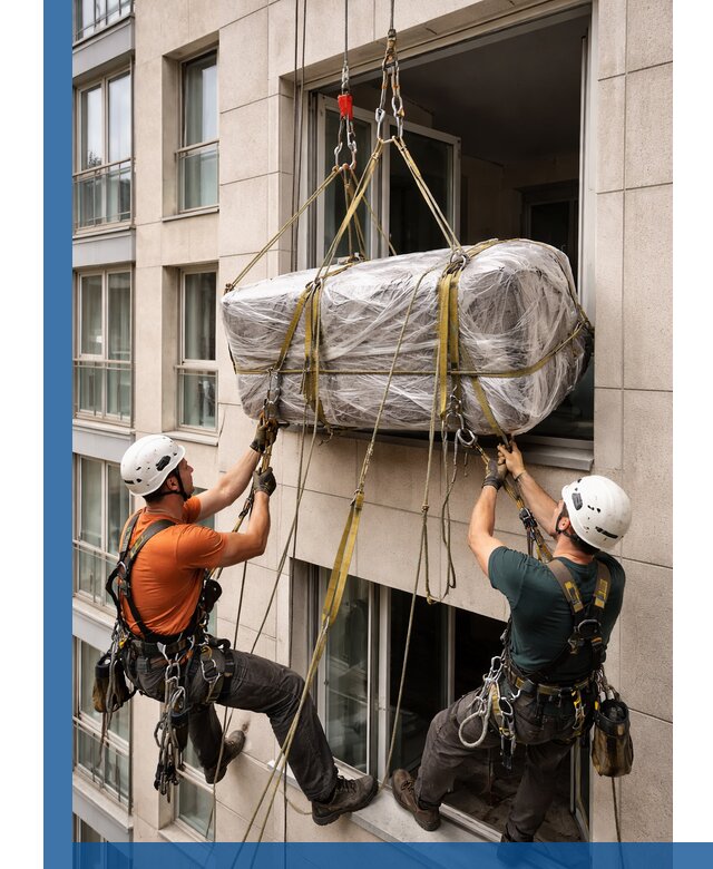 Подъем грузов через окно в Кирове промышленными альпинистами